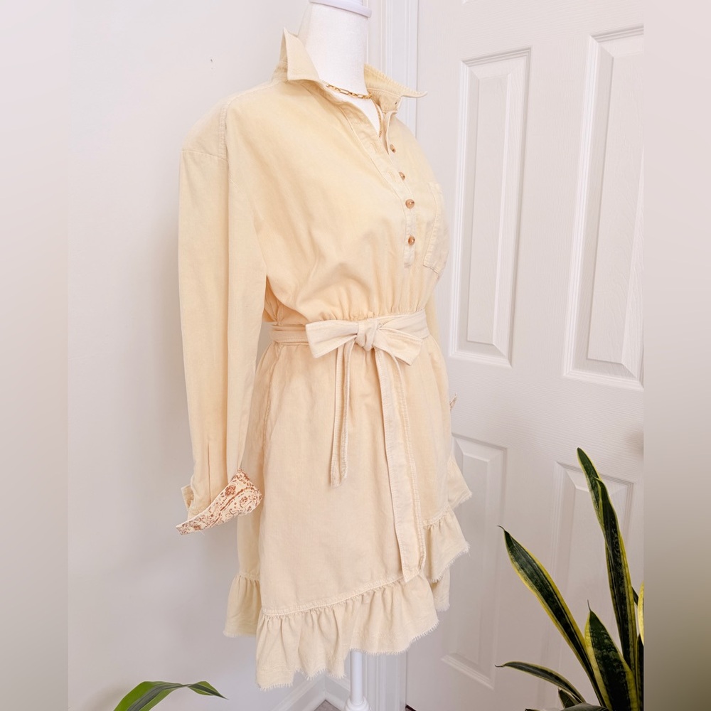 Pilcro Anthropologie Cream Boho Mini Dress Tie Waist Ruffle Hem XS - Picture 5 of 15